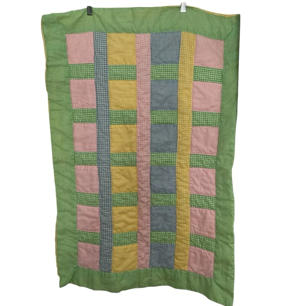 Handcrafted Pastel Gingham Print Block Design Quilted Baby Crib Blanket 38